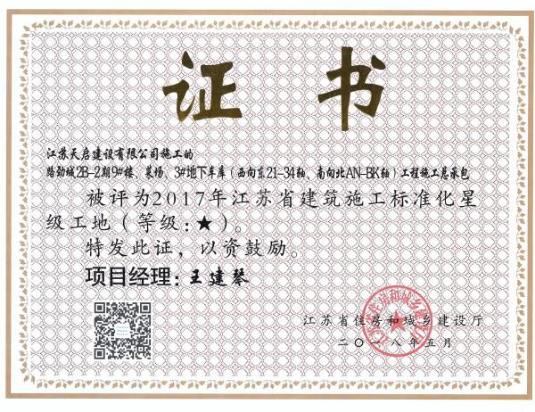 2017年江蘇省建筑施工標準化星級工地（1星）（(路勁城2B-2）